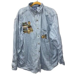 90s Real Good Denim Sport Shirt XL Made in Hong Kong Basket Embroidery Cottage